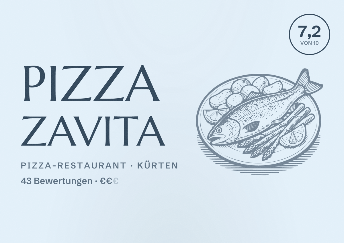 Illustriertes Poster von Pizza Zavita, Pizza-Restaurant in Kürten: Bewertung 7,2 von 10 aus 43 Bewertungen, Preisniveau €€