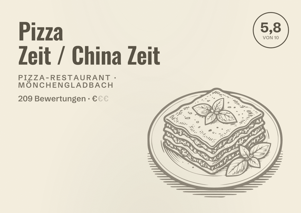 Illustriertes Poster von Pizza Zeit / China Zeit, Pizza-Restaurant in Mönchengladbach: Bewertung 5,8 von 10 aus 209 Bewertungen, Preisniveau €