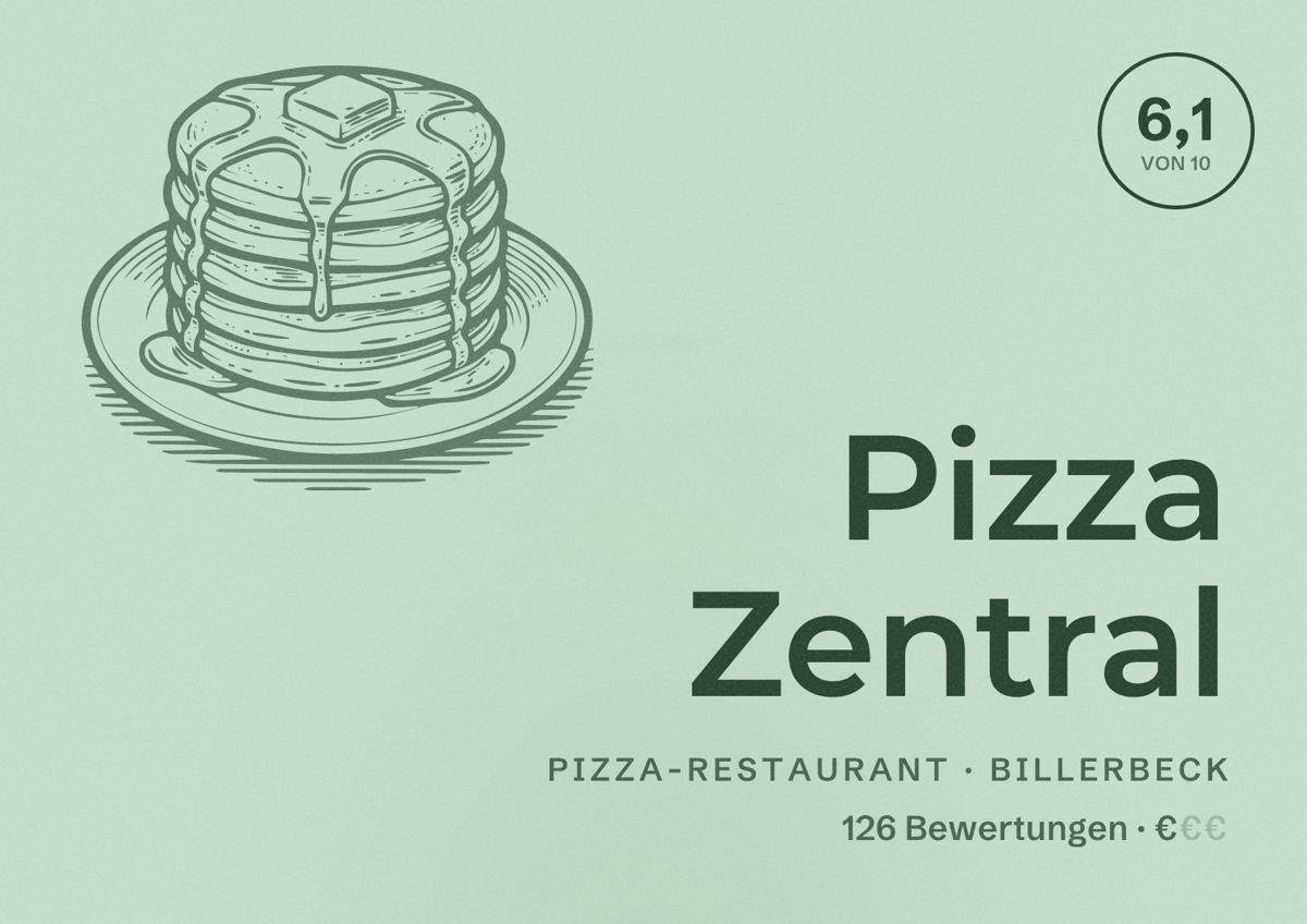 Illustriertes Poster von Pizza Zentral, Pizza-Restaurant in Billerbeck: Bewertung 6,1 von 10 aus 126 Bewertungen, Preisniveau €