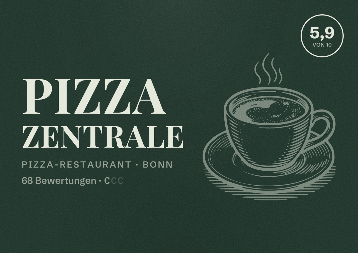Illustriertes Poster von Pizza Zentrale, Pizza-Restaurant in Bonn: Bewertung 5,9 von 10 aus 68 Bewertungen, Preisniveau €