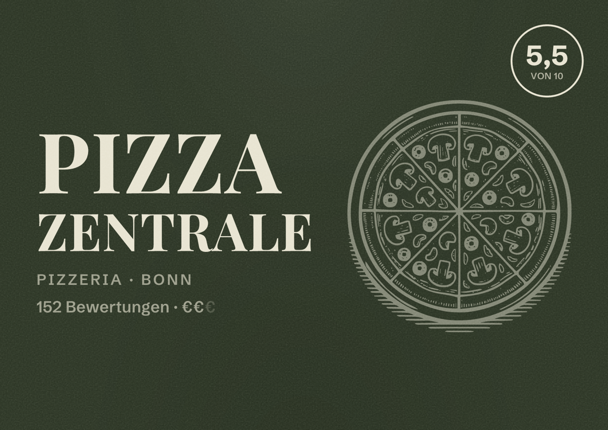 Illustriertes Poster von Pizza Zentrale, Pizzeria in Bonn: Bewertung 5,5 von 10 aus 152 Bewertungen, Preisniveau €€