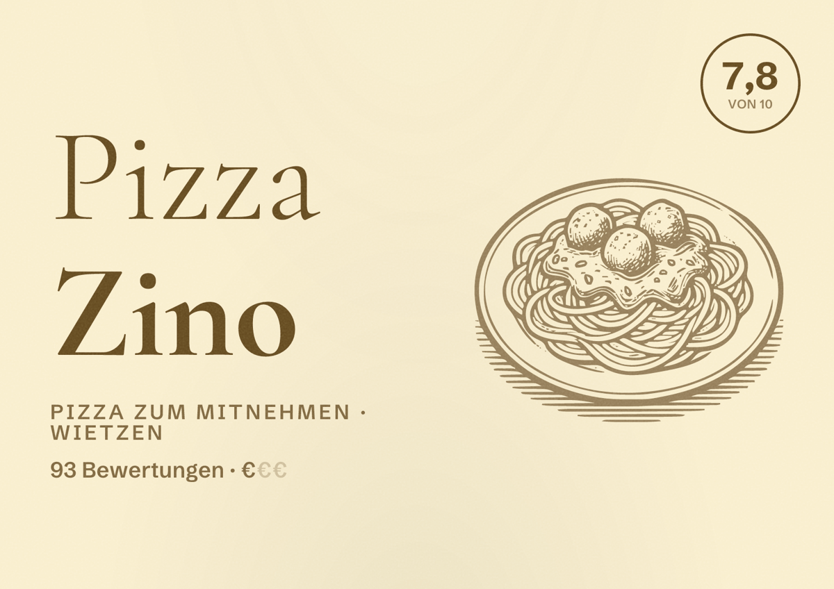 Illustriertes Poster von Pizza Zino, Pizza zum Mitnehmen in Wietzen: Bewertung 7,8 von 10 aus 93 Bewertungen, Preisniveau €