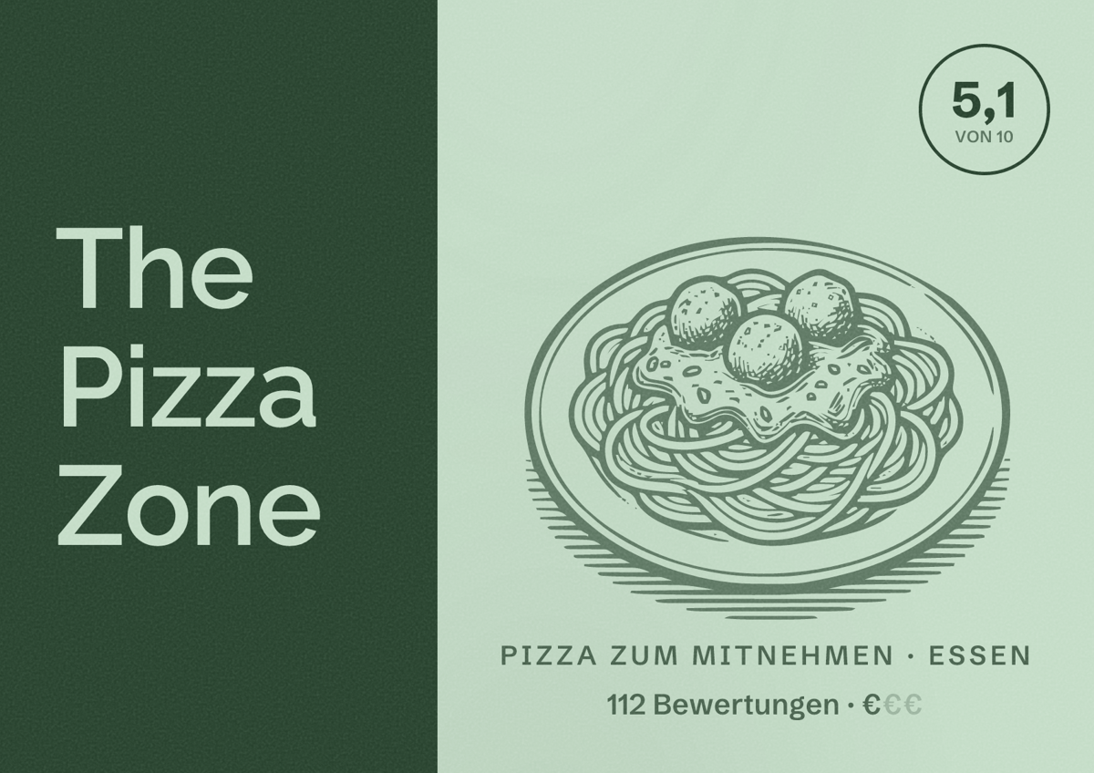 Illustriertes Poster von The Pizza Zone, Pizza zum Mitnehmen in Essen: Bewertung 5,1 von 10 aus 112 Bewertungen, Preisniveau €