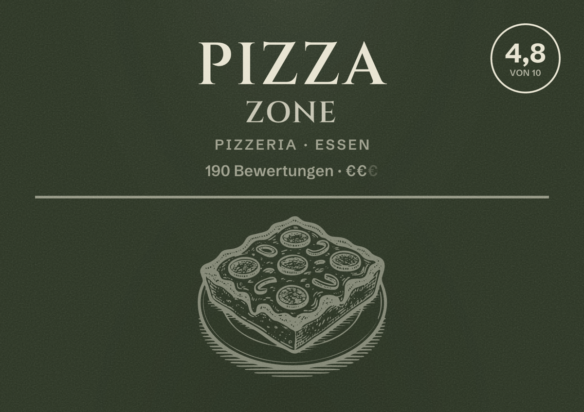 Illustriertes Poster von Pizza Zone, Pizzeria in Essen: Bewertung 4,8 von 10 aus 190 Bewertungen, Preisniveau €€