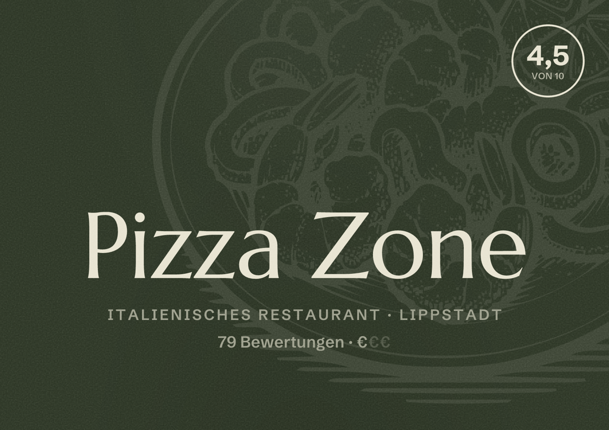 Illustriertes Poster von Pizza Zone, Italienisches Restaurant in Lippstadt: Bewertung 4,5 von 10 aus 79 Bewertungen, Preisniveau €