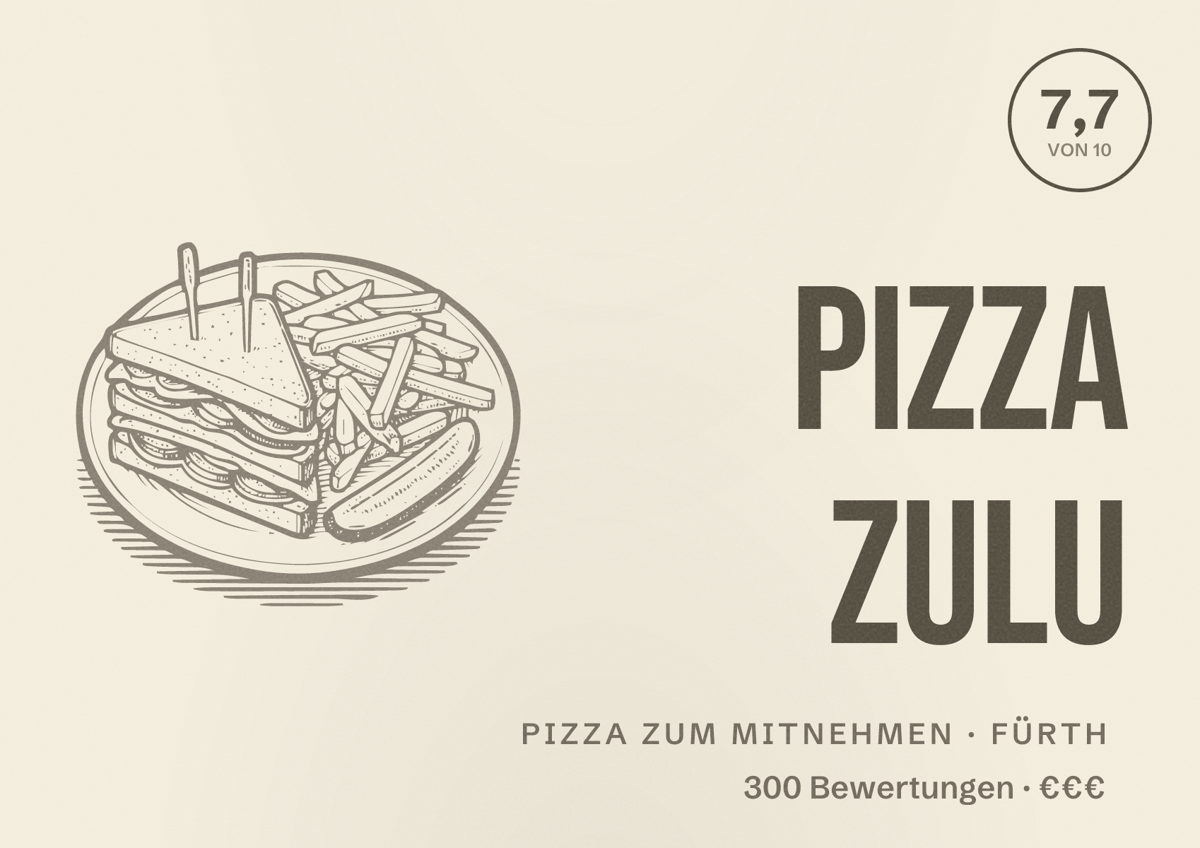 Illustriertes Poster von Pizza Zulu, Pizza zum Mitnehmen in Fürth: Bewertung 7,7 von 10 aus 300 Bewertungen, Preisniveau €€€