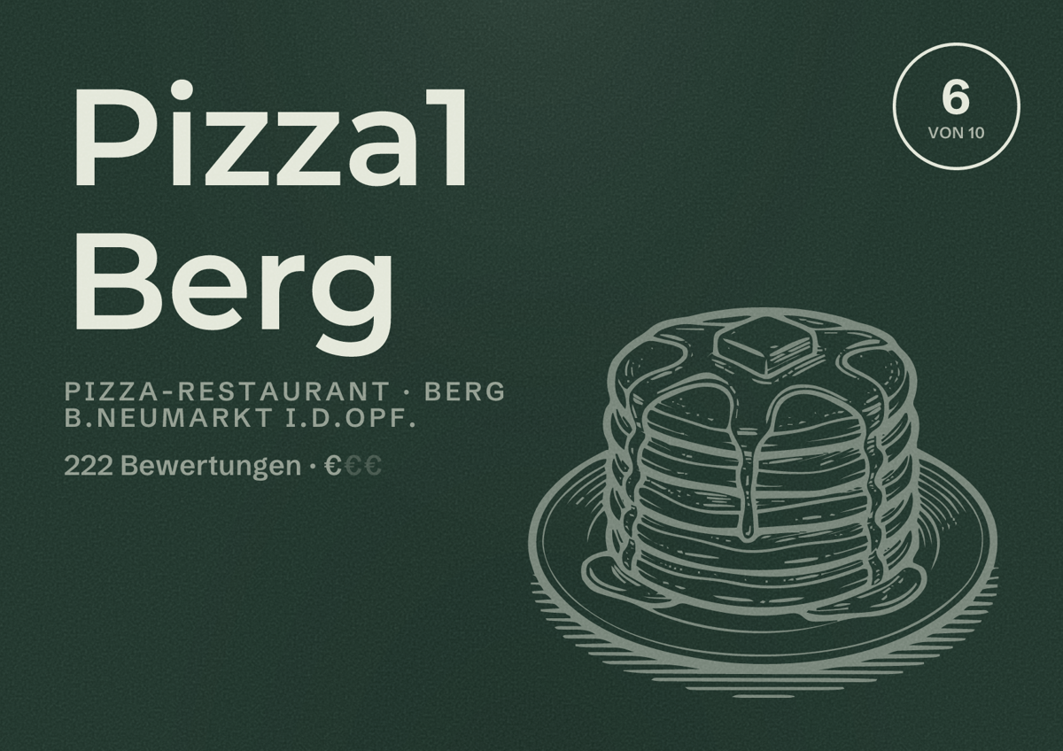 Illustriertes Poster von Pizza1 Berg, Pizza-Restaurant in Berg b.Neumarkt i.d.OPf.: Bewertung 6 von 10 aus 222 Bewertungen, Preisniveau €