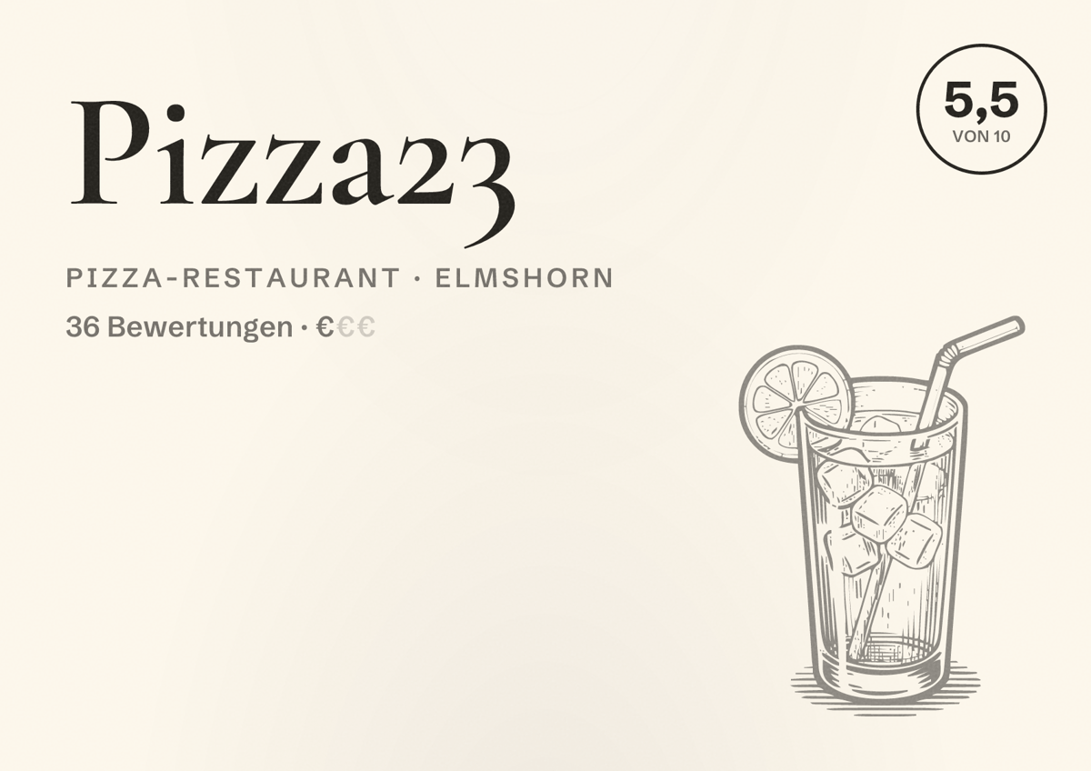 Illustriertes Poster von Pizza23, Pizza-Restaurant in Elmshorn: Bewertung 5,5 von 10 aus 36 Bewertungen, Preisniveau €