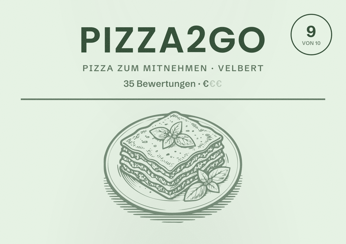 Illustriertes Poster von Pizza2go, Pizza zum Mitnehmen in Velbert: Bewertung 9 von 10 aus 35 Bewertungen, Preisniveau €