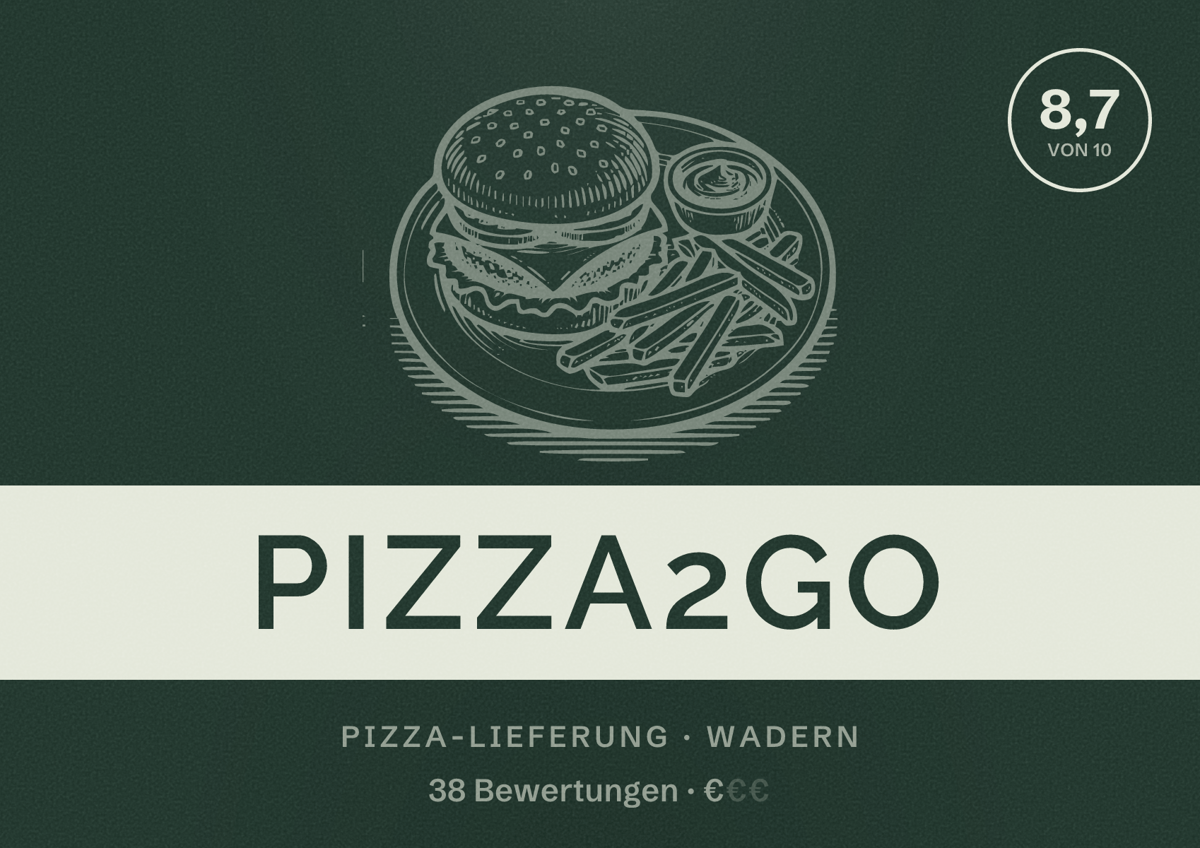 Illustriertes Poster von Pizza2Go, Pizza-Lieferung in Wadern: Bewertung 8,7 von 10 aus 38 Bewertungen, Preisniveau €