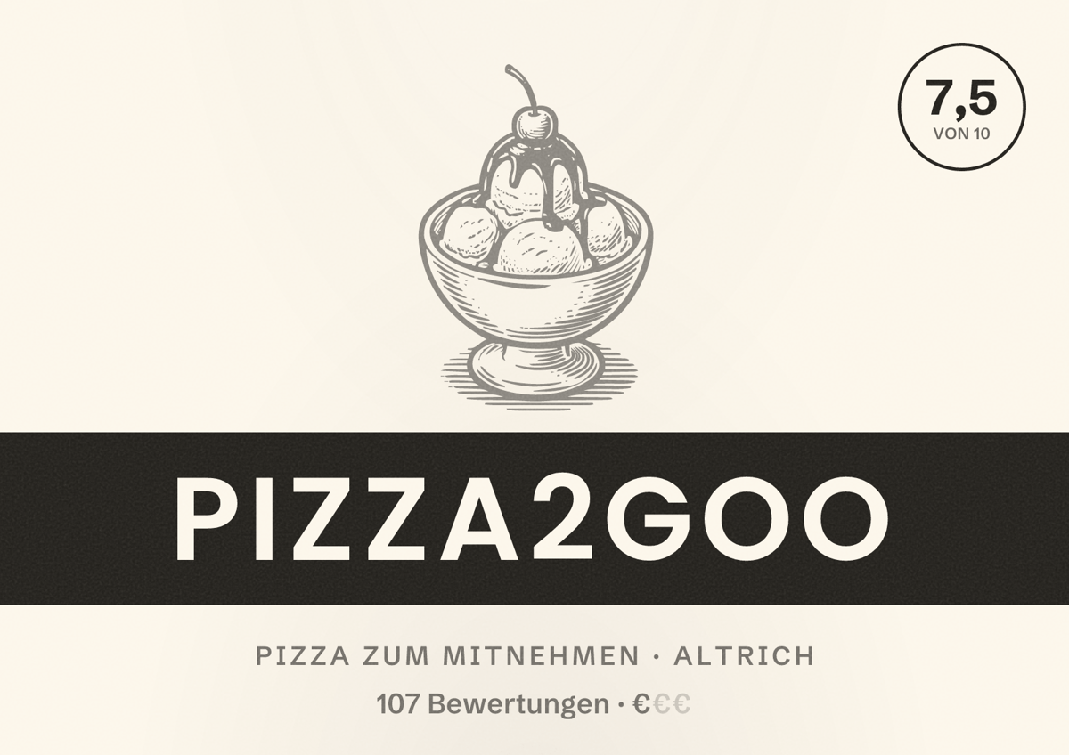 Illustriertes Poster von Pizza2goo, Pizza zum Mitnehmen in Altrich: Bewertung 7,5 von 10 aus 107 Bewertungen, Preisniveau €
