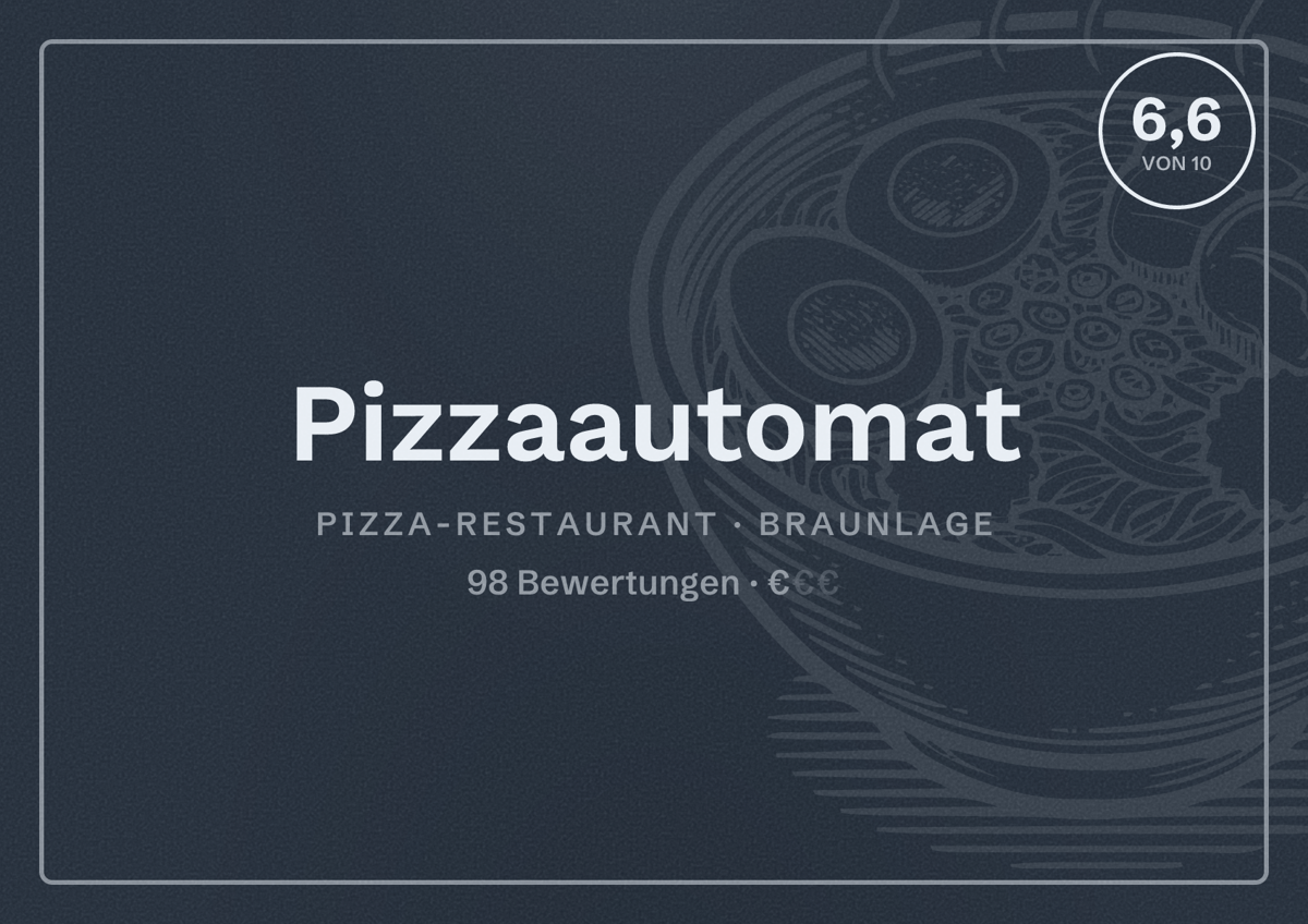 Illustriertes Poster von Pizzaautomat, Pizza-Restaurant in Braunlage: Bewertung 6,6 von 10 aus 98 Bewertungen, Preisniveau €