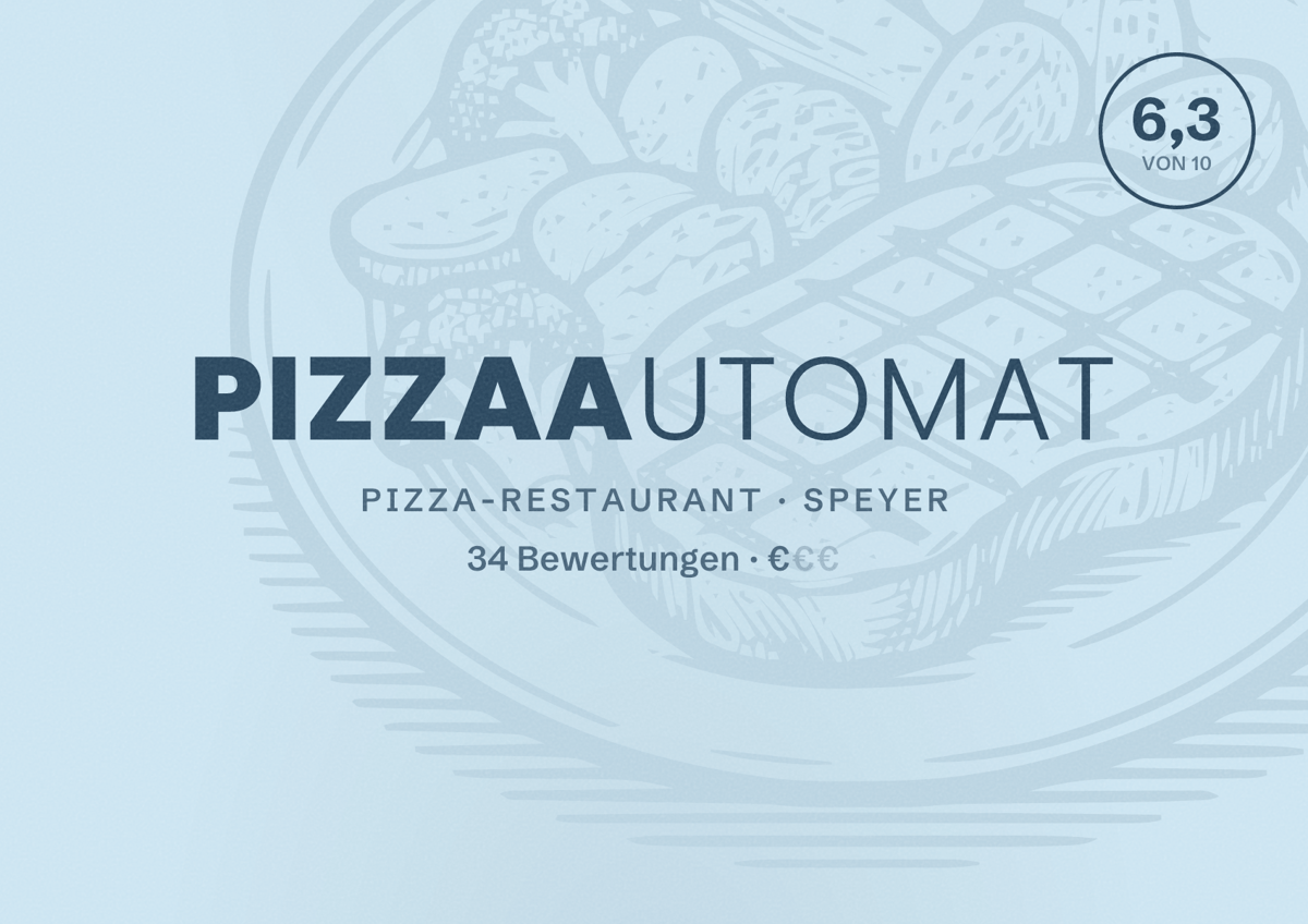 Illustriertes Poster von Pizzaautomat, Pizza-Restaurant in Speyer: Bewertung 6,3 von 10 aus 34 Bewertungen, Preisniveau €