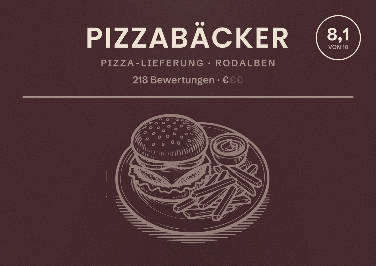 Illustriertes Poster von Pizzabäcker, Pizza-Lieferung in Rodalben: Bewertung 8,1 von 10 aus 218 Bewertungen, Preisniveau €