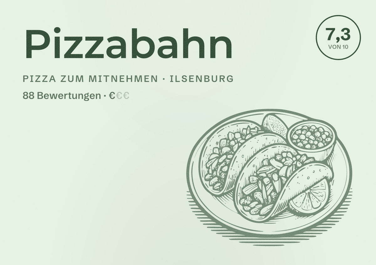 Illustriertes Poster von Pizzabahn, Pizza zum Mitnehmen in Ilsenburg: Bewertung 7,3 von 10 aus 88 Bewertungen, Preisniveau €