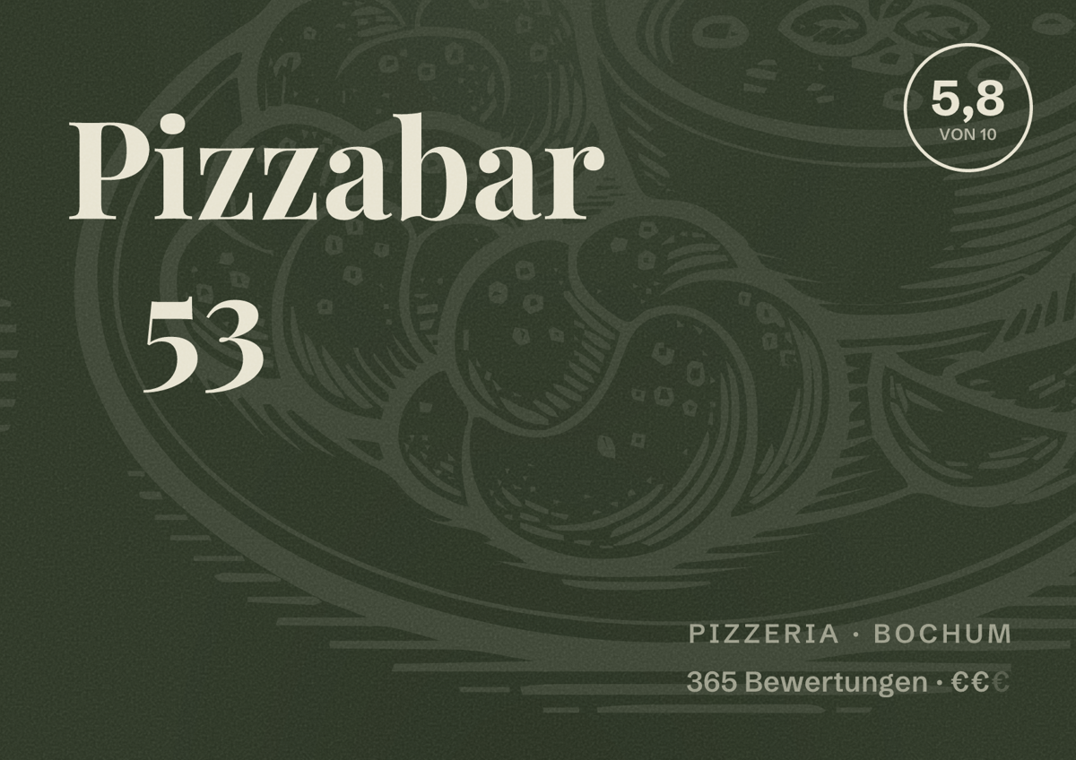 Illustriertes Poster von Pizzabar 53, Pizzeria in Bochum: Gästebewertung 5,8 von 10 aus 365 Bewertungen