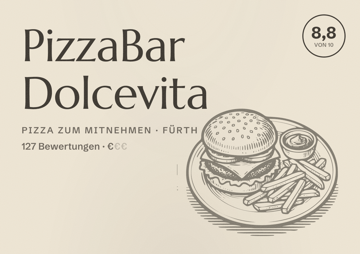 Illustriertes Poster von PizzaBar Dolcevita, Pizza zum Mitnehmen in Fürth: Bewertung 8,8 von 10 aus 127 Bewertungen, Preisniveau €