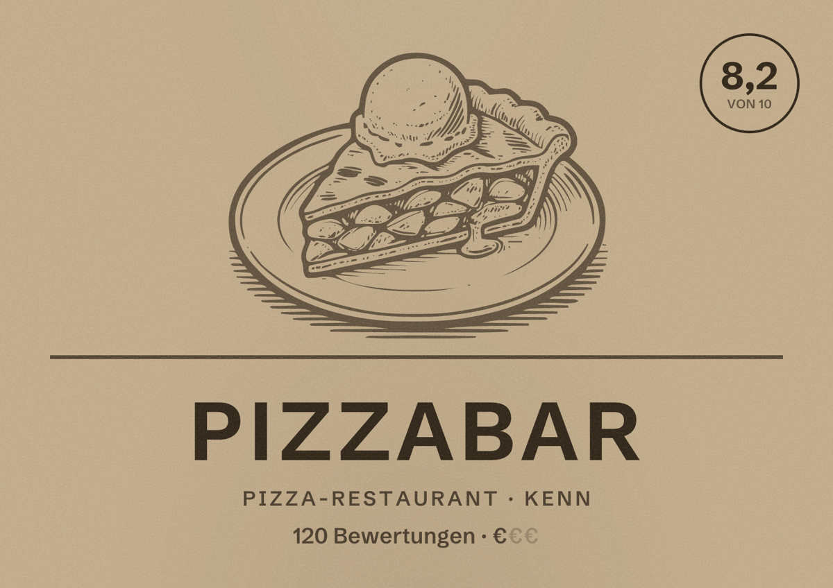 Illustriertes Poster von PizzaBar, Pizza-Restaurant in Kenn: Bewertung 8,2 von 10 aus 120 Bewertungen, Preisniveau €