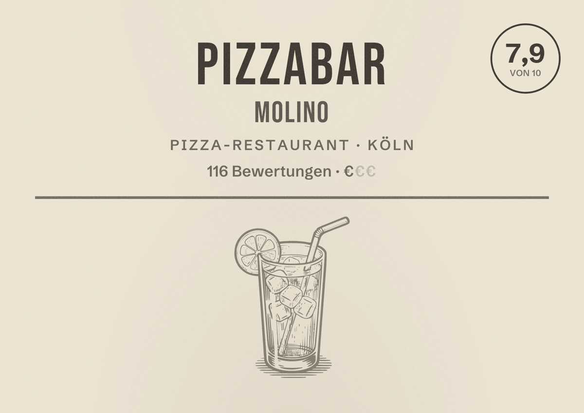 Illustriertes Poster von Pizzabar Molino, Pizza-Restaurant in Köln: Bewertung 7,9 von 10 aus 116 Bewertungen, Preisniveau €
