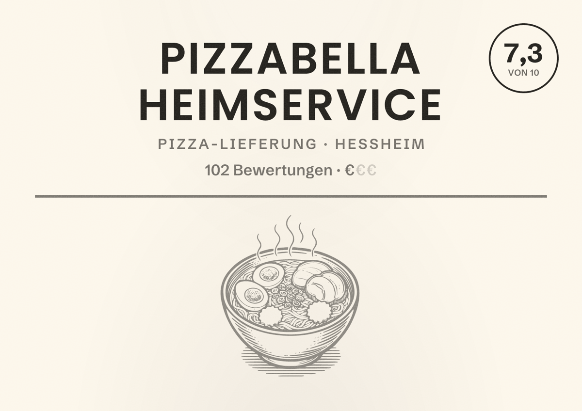 Illustriertes Poster von Pizzabella Heimservice, Pizza-Lieferung in Heßheim: Bewertung 7,3 von 10 aus 102 Bewertungen, Preisniveau €