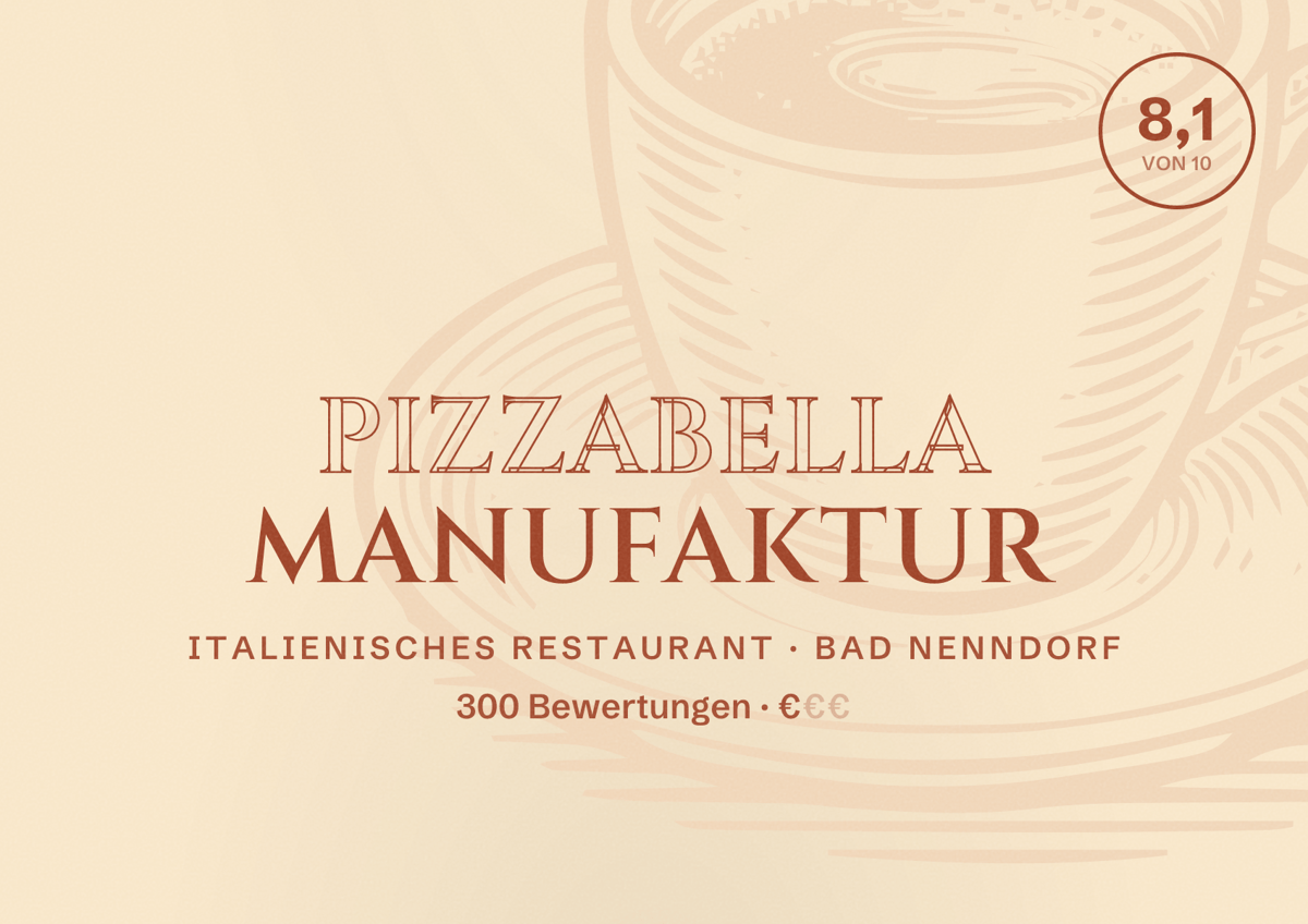 Illustriertes Poster von Pizzabella Manufaktur, Italienisches Restaurant in Bad Nenndorf: Bewertung 8,1 von 10 aus 300 Bewertungen, Preisniveau €