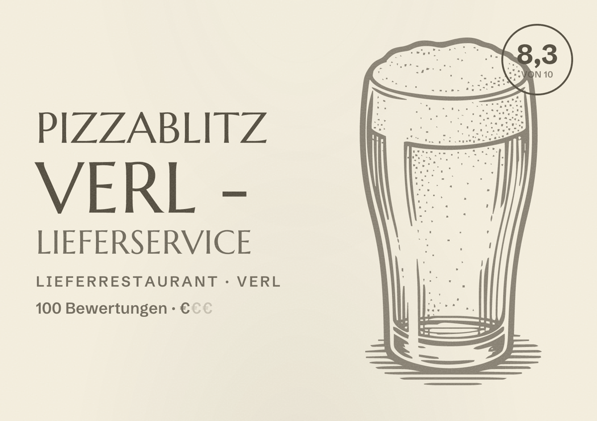 Illustriertes Poster von Pizzablitz Verl - Lieferservice, Lieferrestaurant in Verl: Bewertung 8,3 von 10 aus 100 Bewertungen, Preisniveau €