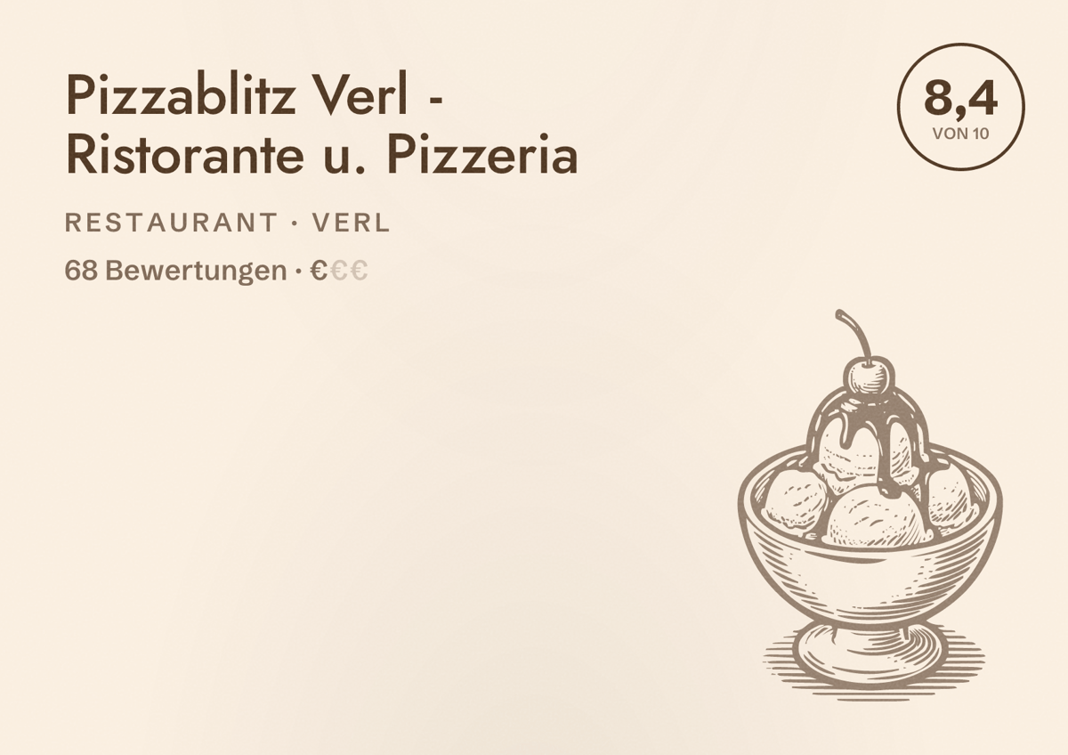 Illustriertes Poster von Pizzablitz Verl - Ristorante u. Pizzeria, Restaurant in Verl: Bewertung 8,4 von 10 aus 68 Bewertungen, Preisniveau €