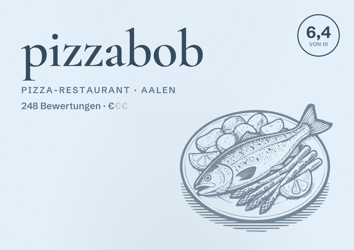 Illustriertes Poster von pizzabob, Pizza-Restaurant in Aalen: Bewertung 6,4 von 10 aus 248 Bewertungen, Preisniveau €