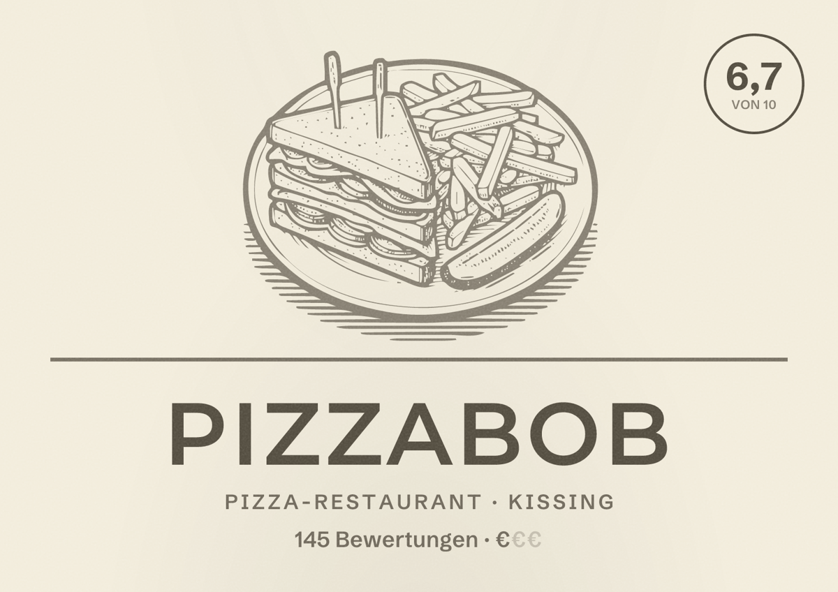Illustriertes Poster von pizzabob, Pizza-Restaurant in Kissing: Bewertung 6,7 von 10 aus 145 Bewertungen, Preisniveau €