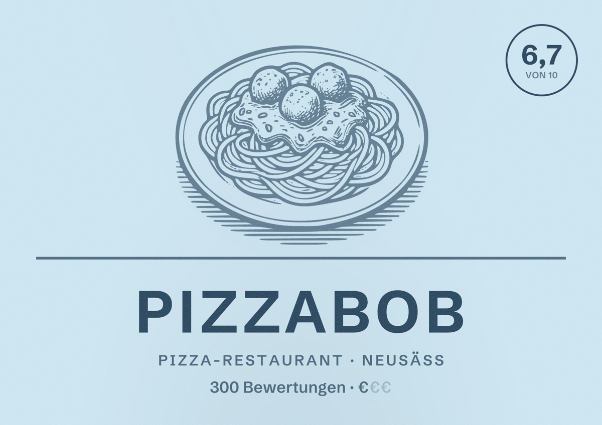 Illustriertes Poster von pizzabob, Pizza-Restaurant in Neusäß: Bewertung 6,7 von 10 aus 300 Bewertungen, Preisniveau €