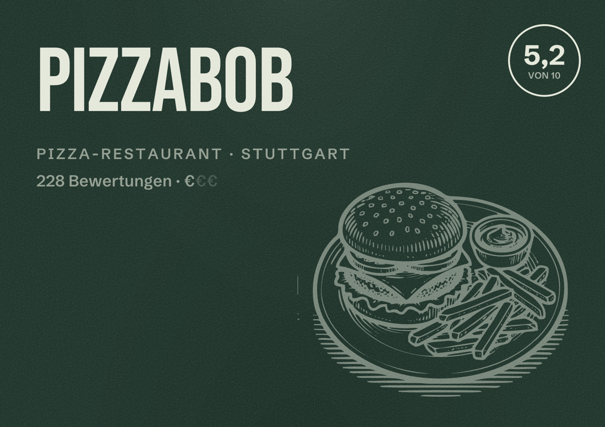 Illustriertes Poster von pizzabob, Pizza-Restaurant in Stuttgart: Bewertung 5,2 von 10 aus 228 Bewertungen, Preisniveau €