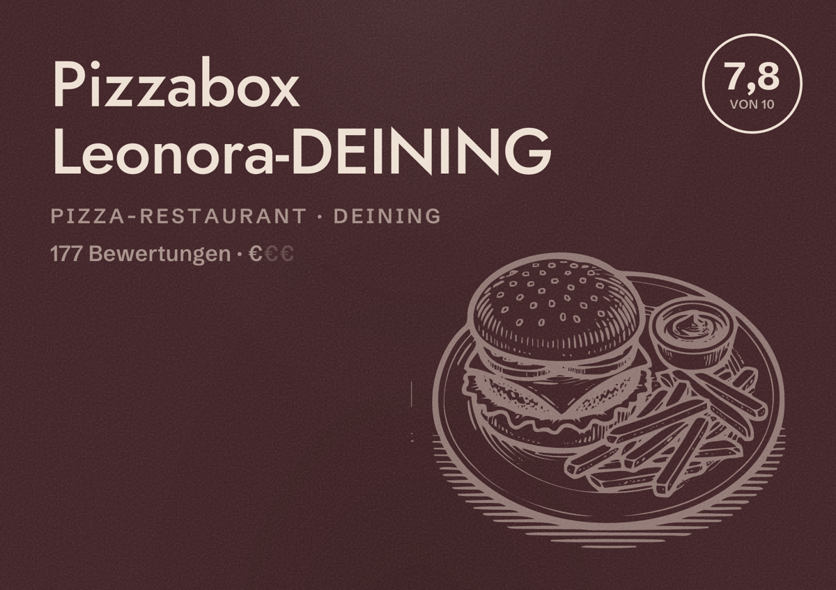 Illustriertes Poster von Pizzabox Leonora-DEINING, Pizza-Restaurant in Deining: Bewertung 7,8 von 10 aus 177 Bewertungen, Preisniveau €