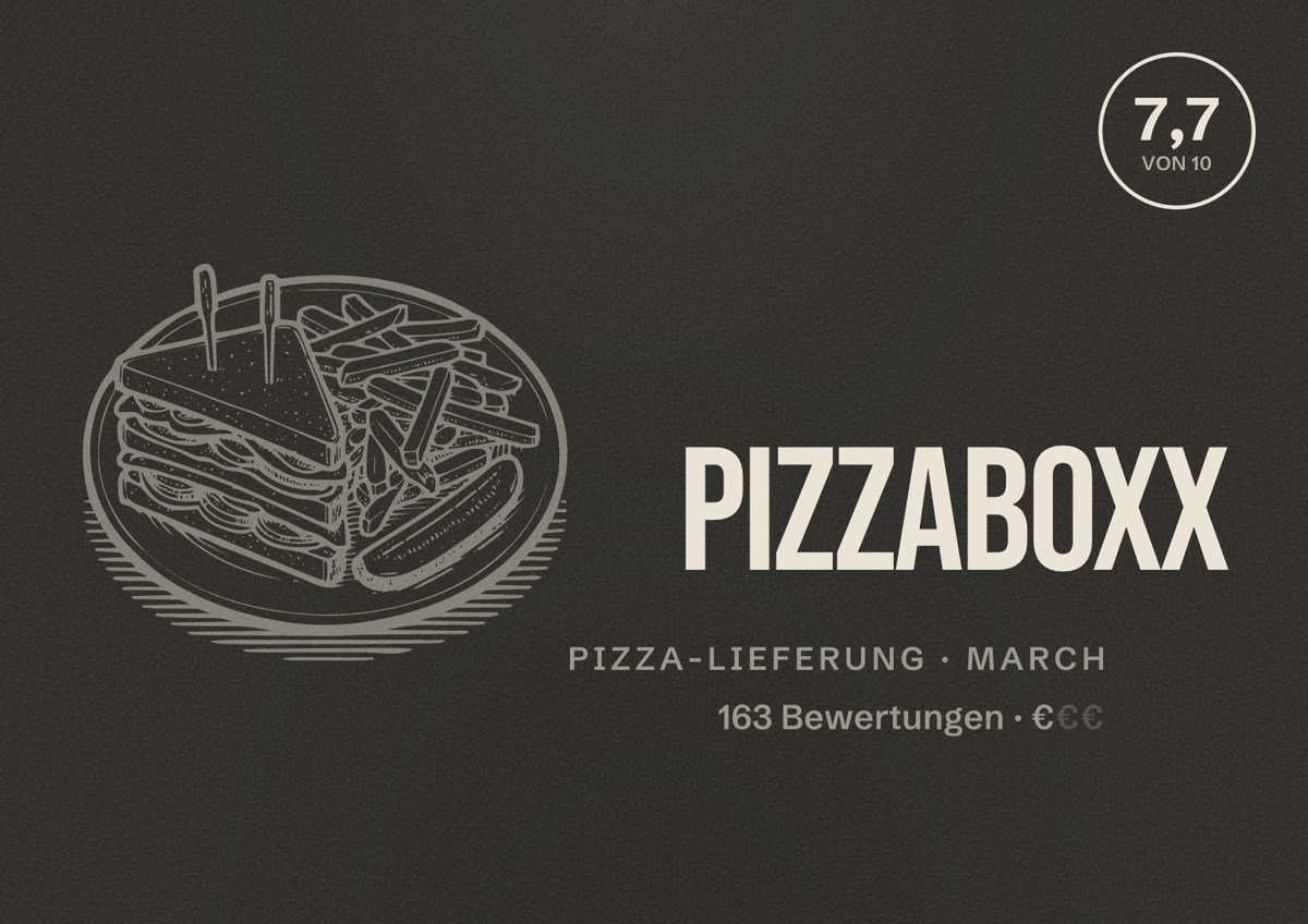Illustriertes Poster von Pizzaboxx, Pizza-Lieferung in March: Bewertung 7,7 von 10 aus 163 Bewertungen, Preisniveau €