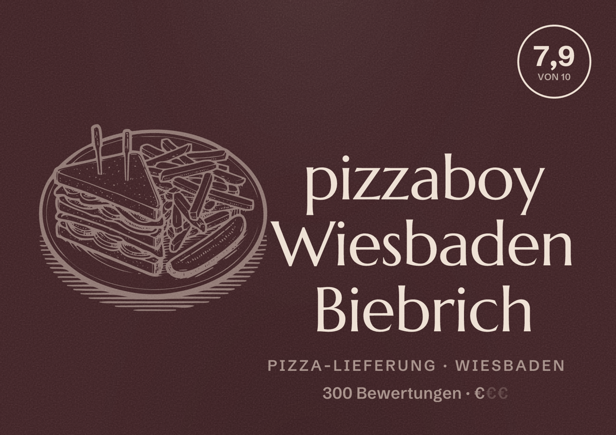 Illustriertes Poster von pizzaboy Wiesbaden Biebrich, Pizza-Lieferung in Wiesbaden: Bewertung 7,9 von 10 aus 300 Bewertungen, Preisniveau €