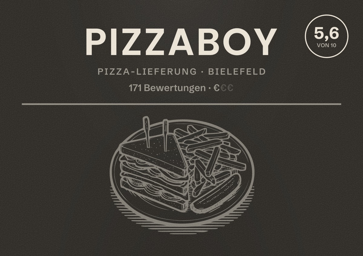 Illustriertes Poster von Pizzaboy, Pizza-Lieferung in Bielefeld: Bewertung 5,6 von 10 aus 171 Bewertungen, Preisniveau €