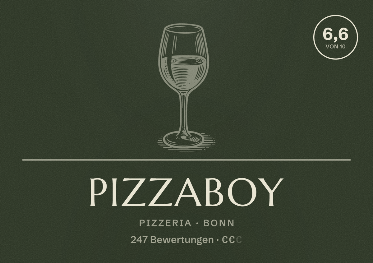 Illustriertes Poster von Pizzaboy, Pizzeria in Bonn: Bewertung 6,6 von 10 aus 247 Bewertungen, Preisniveau €€