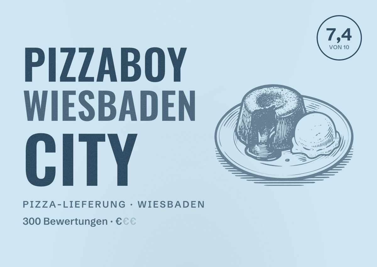 Illustriertes Poster von pizzaboy Wiesbaden City, Pizza-Lieferung in Wiesbaden: Bewertung 7,4 von 10 aus 300 Bewertungen, Preisniveau €