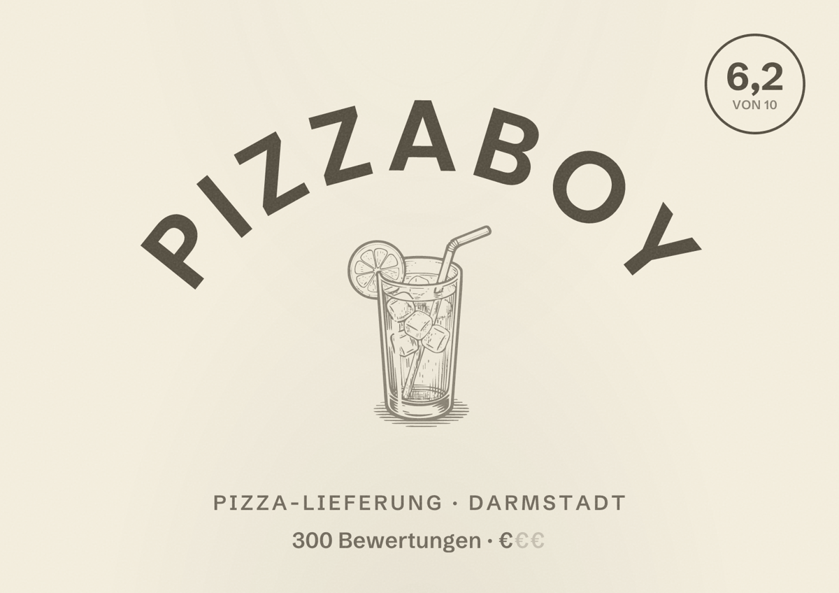 Illustriertes Poster von Pizzaboy, Pizza-Lieferung in Darmstadt: Bewertung 6,2 von 10 aus 300 Bewertungen, Preisniveau €