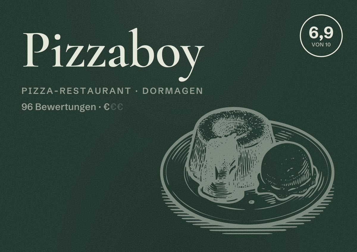Illustriertes Poster von Pizzaboy, Pizza-Restaurant in Dormagen: Bewertung 6,9 von 10 aus 96 Bewertungen, Preisniveau €