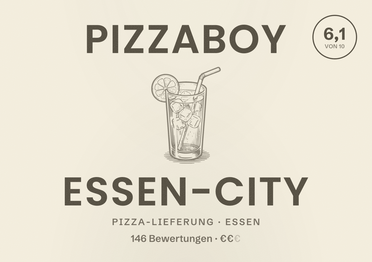 Illustriertes Poster von Pizzaboy Essen-City, Pizza-Lieferung in Essen: Bewertung 6,1 von 10 aus 146 Bewertungen, Preisniveau €€