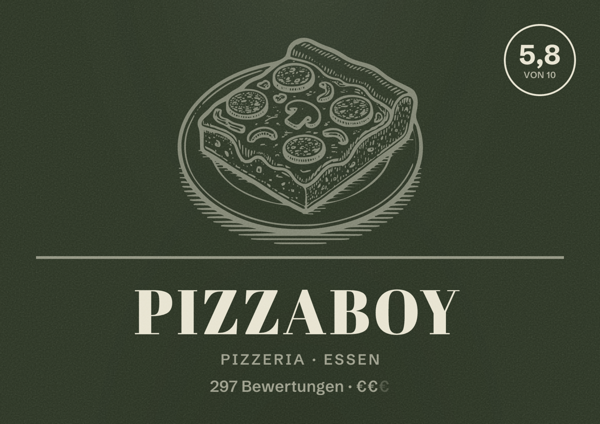 Illustriertes Poster von pizzaboy, Pizzeria in Essen: Bewertung 5,8 von 10 aus 297 Bewertungen, Preisniveau €€