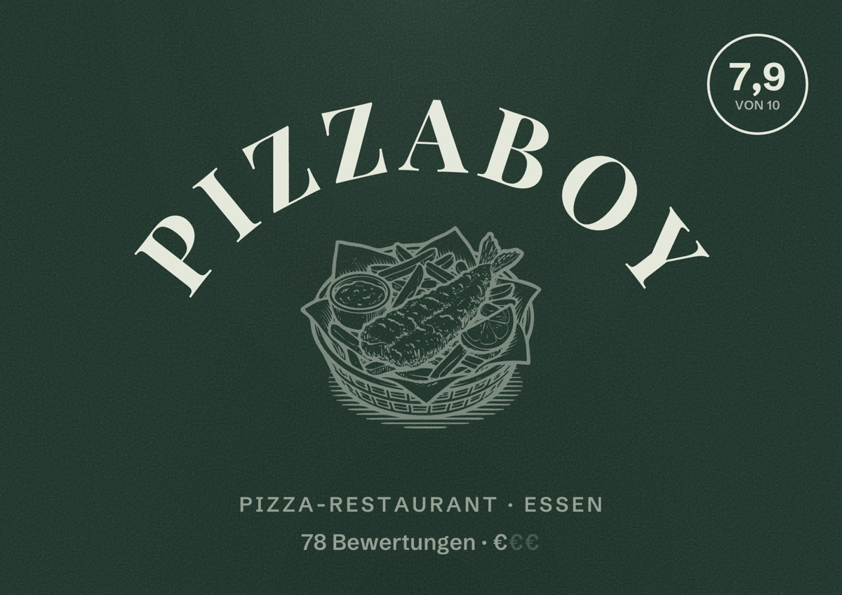 Illustriertes Poster von Pizzaboy, Pizza-Restaurant in Essen: Bewertung 7,9 von 10 aus 78 Bewertungen, Preisniveau €