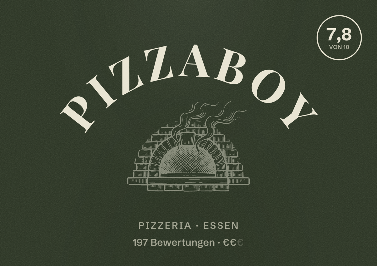 Illustriertes Poster von Pizzaboy, Pizzeria in Essen: Bewertung 7,8 von 10 aus 197 Bewertungen, Preisniveau €€