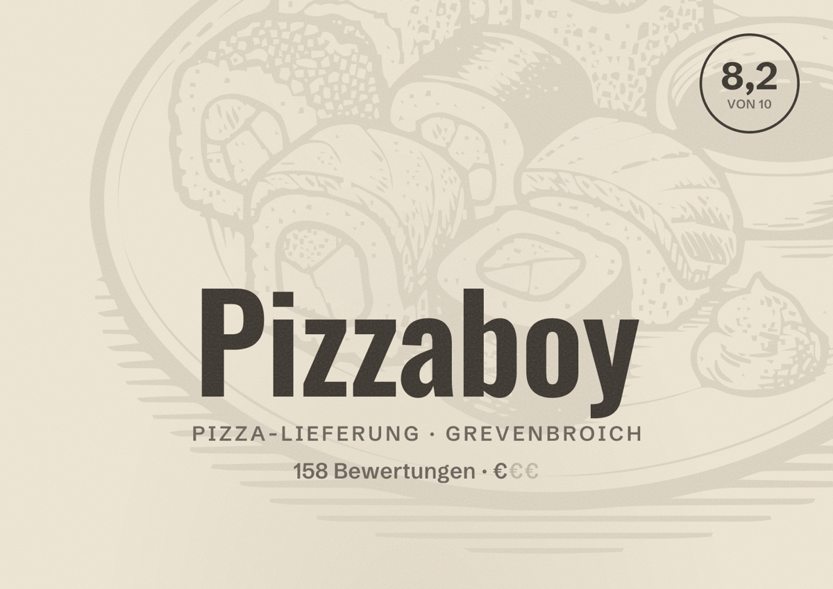 Illustriertes Poster von Pizzaboy, Pizza-Lieferung in Grevenbroich: Bewertung 8,2 von 10 aus 158 Bewertungen, Preisniveau €