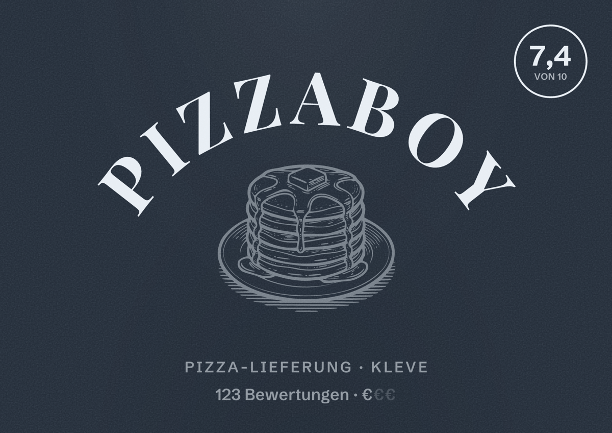 Illustriertes Poster von Pizzaboy, Pizza-Lieferung in Kleve: Bewertung 7,4 von 10 aus 123 Bewertungen, Preisniveau €