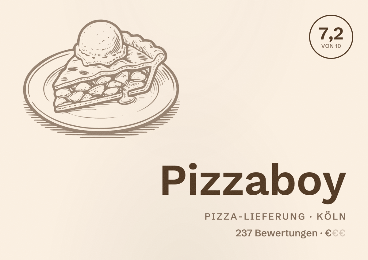 Illustriertes Poster von Pizzaboy, Pizza-Lieferung in Köln: Bewertung 7,2 von 10 aus 237 Bewertungen, Preisniveau €