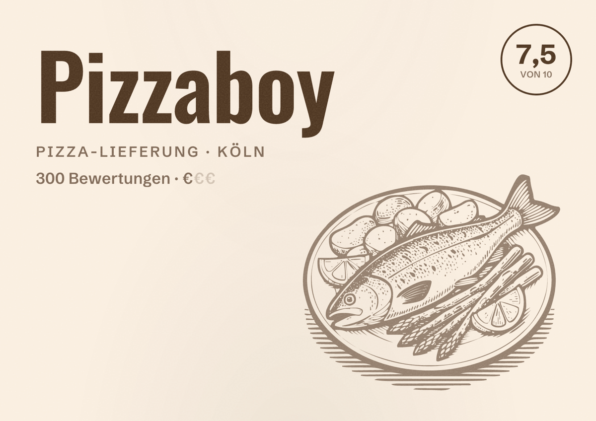 Illustriertes Poster von Pizzaboy, Pizza-Lieferung in Köln: Bewertung 7,5 von 10 aus 300 Bewertungen, Preisniveau €