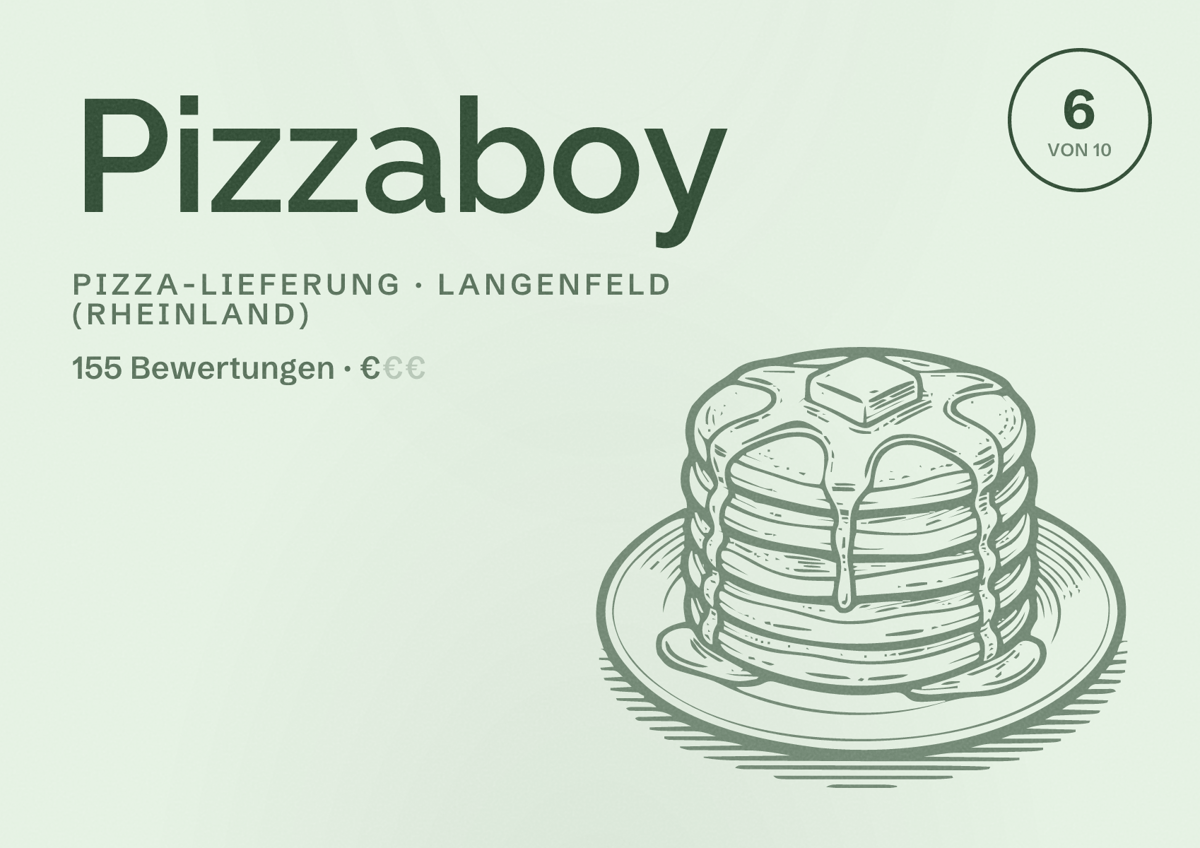 Illustriertes Poster von Pizzaboy, Pizza-Lieferung in Langenfeld (Rheinland): Bewertung 6 von 10 aus 155 Bewertungen, Preisniveau €