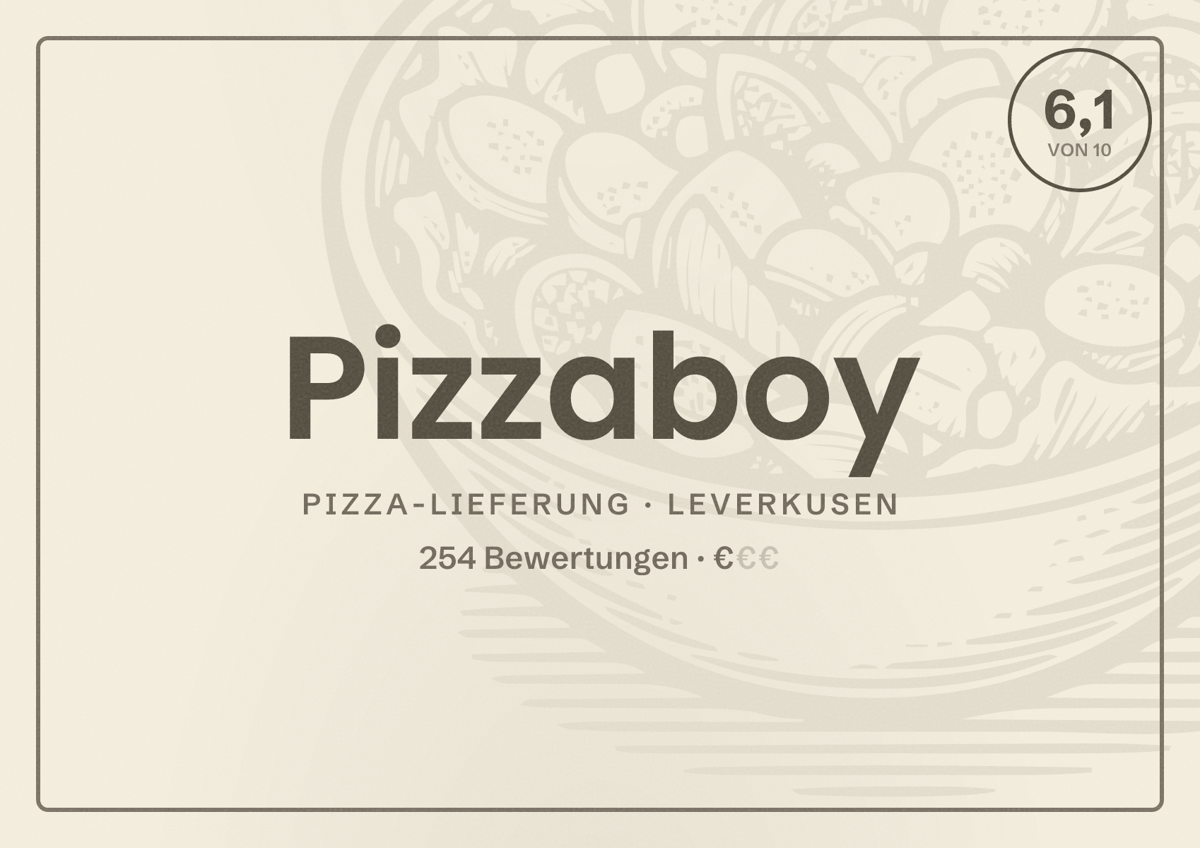 Illustriertes Poster von Pizzaboy, Pizza-Lieferung in Leverkusen: Bewertung 6,1 von 10 aus 254 Bewertungen, Preisniveau €