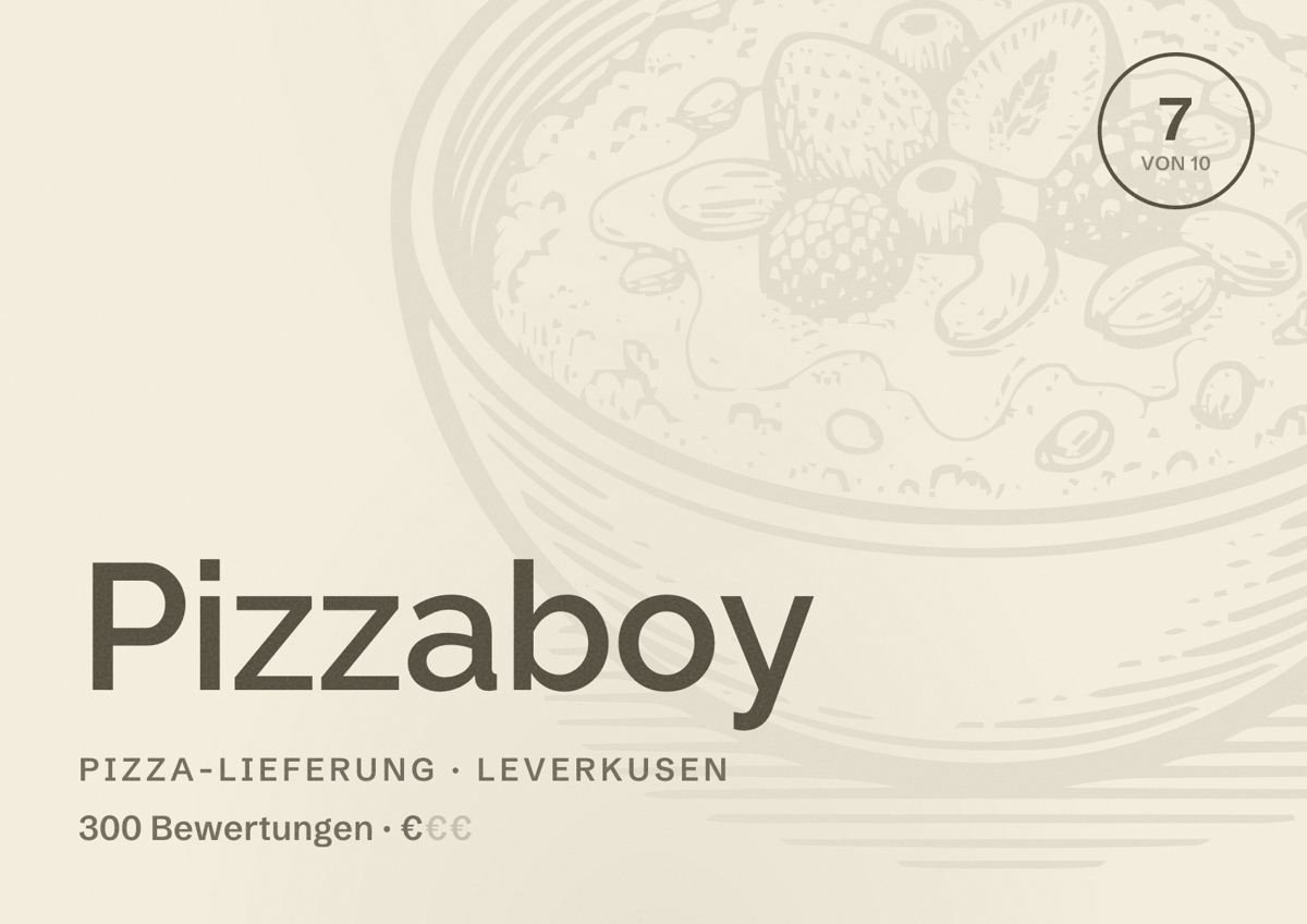 Illustriertes Poster von Pizzaboy, Pizza-Lieferung in Leverkusen: Bewertung 7 von 10 aus 300 Bewertungen, Preisniveau €